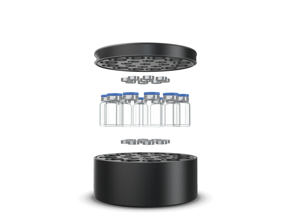 Exploded view of the 12-vial Fluxcase: lid, magnets, vials and base